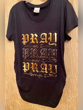 Women's Black Short Sleeve Tee with Gold 'PRAY' Script